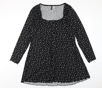 H&M Womens Black Floral Polyester A-Line Size 2XL Square Neck Pullover
