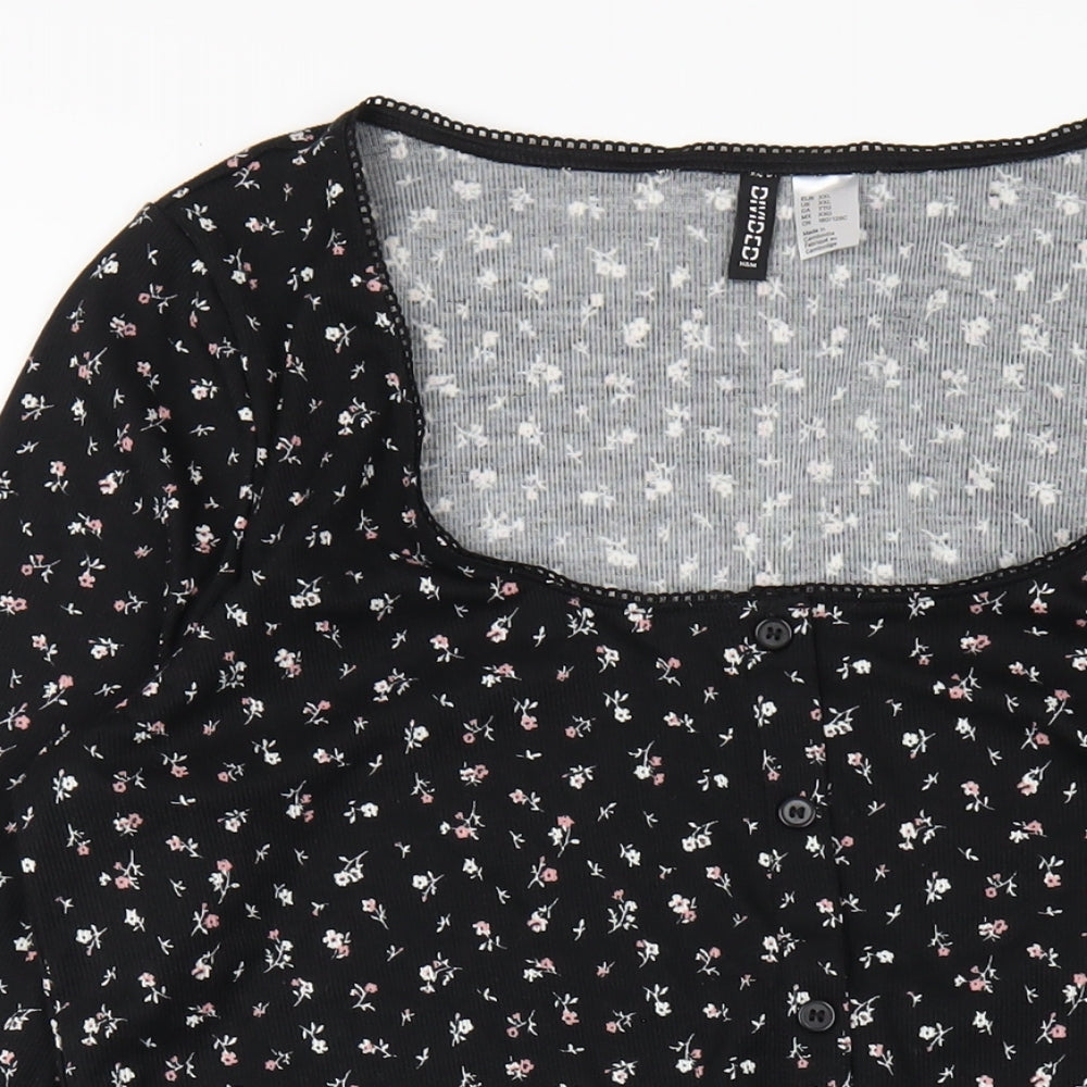 H&M Womens Black Floral Polyester A-Line Size 2XL Square Neck Pullover