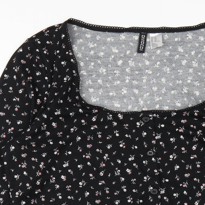 H&M Womens Black Floral Polyester A-Line Size 2XL Square Neck Pullover