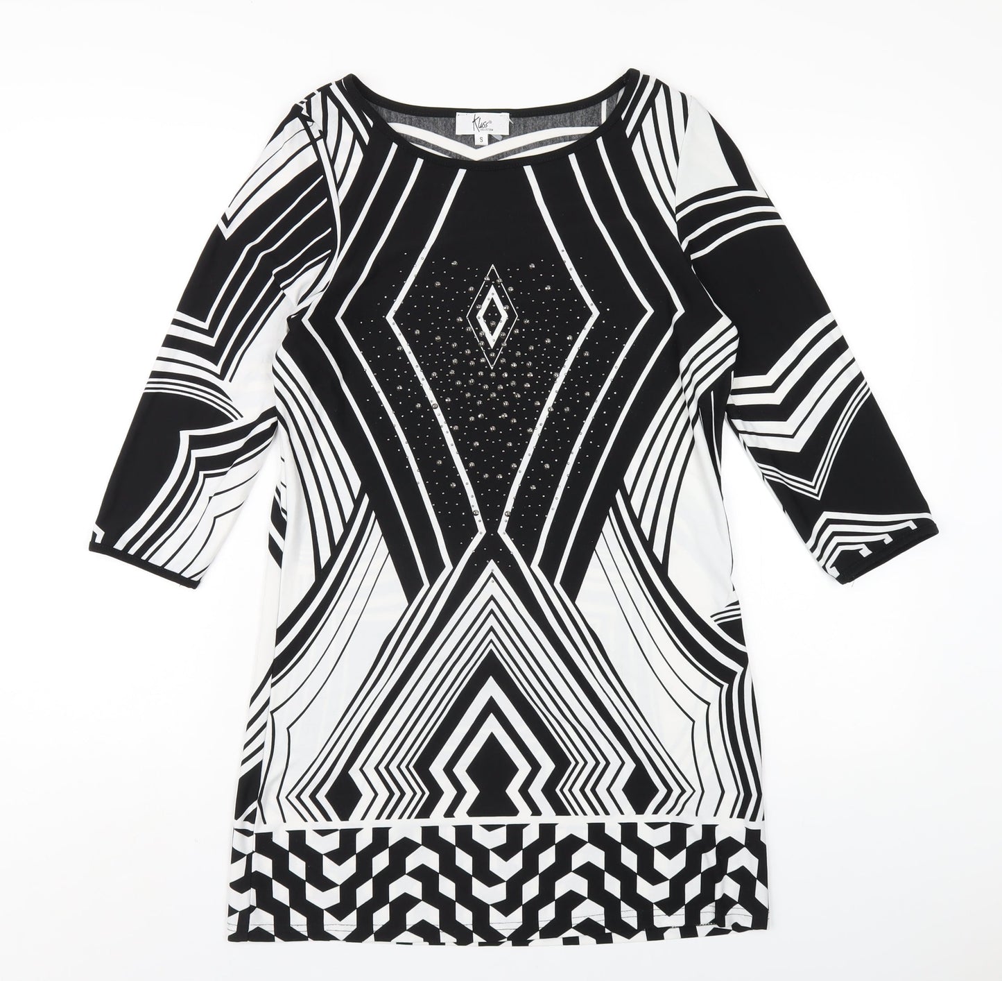 Klass Womens Black Geometric Polyester A-Line Size S Round Neck Pullover