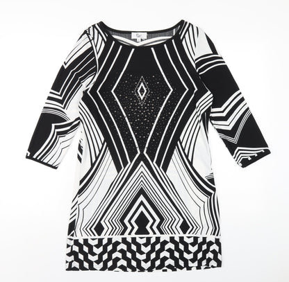 Klass Womens Black Geometric Polyester A-Line Size S Round Neck Pullover