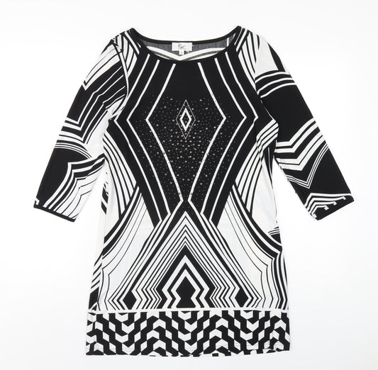 Klass Womens Black Geometric Polyester A-Line Size S Round Neck Pullover