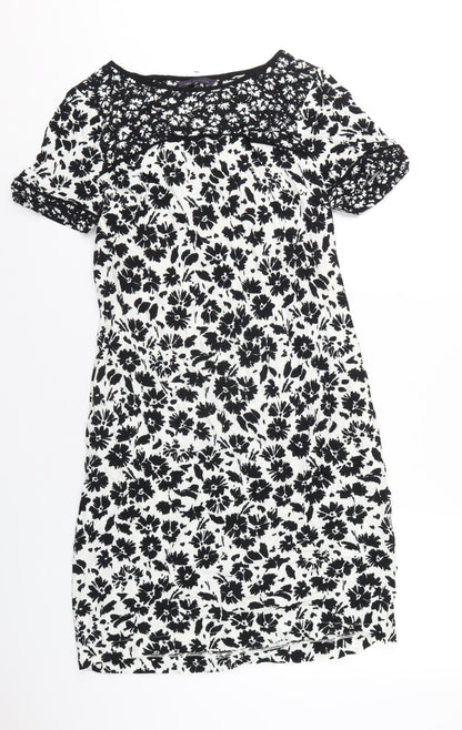 Marks and Spencer Womens White Floral Viscose A-Line Size 10 Round Neck Zip