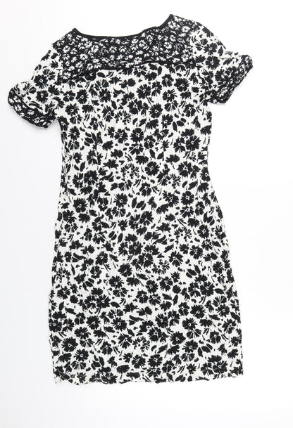 Marks and Spencer Womens White Floral Viscose A-Line Size 10 Round Neck Zip