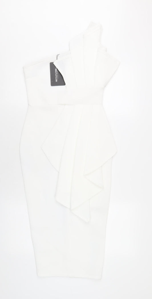 PRETTYLITTLETHING Womens White Polyester Bodycon Size 8 One Shoulder Pullover