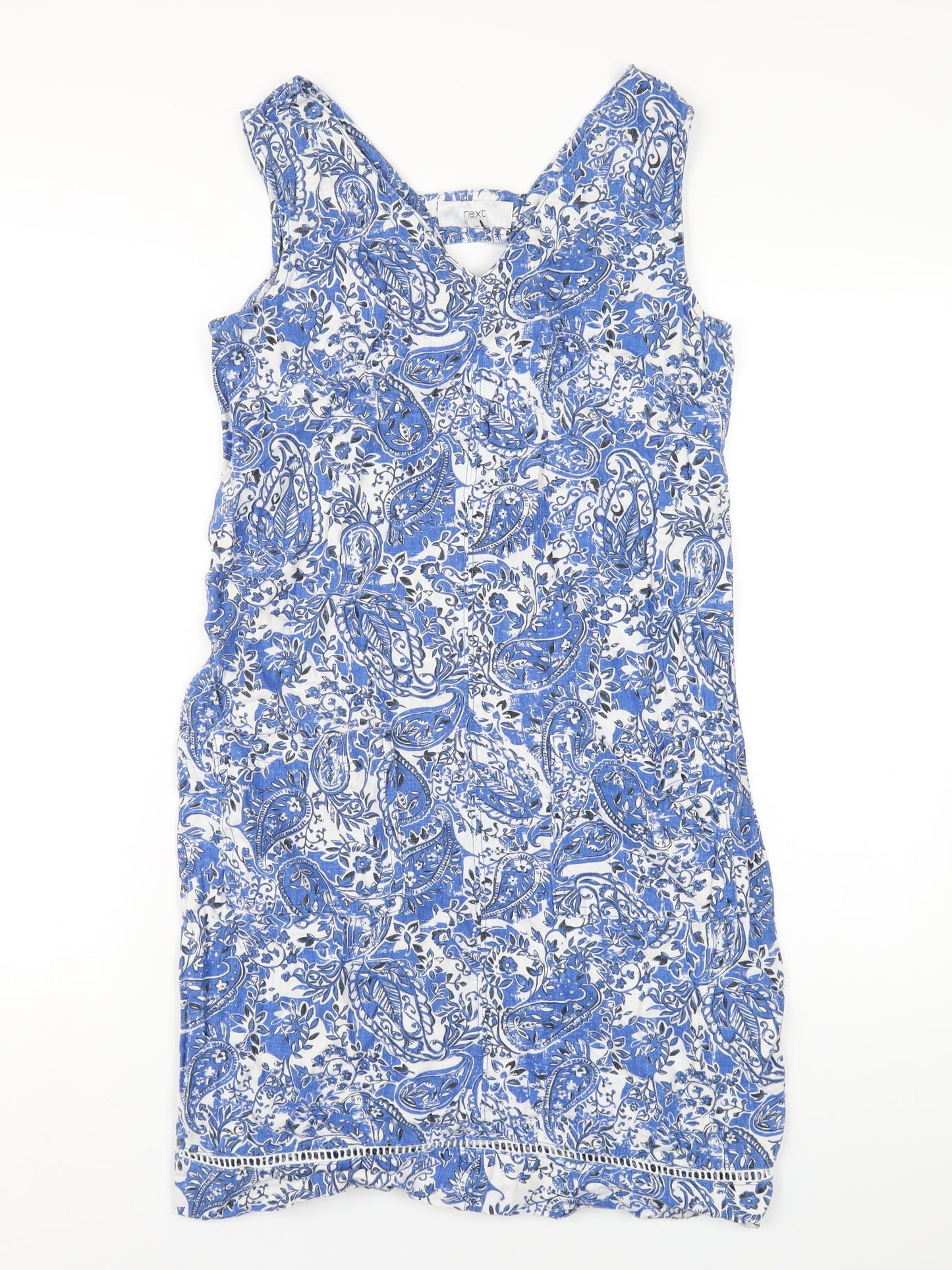 NEXT Womens Blue Geometric Linen Tank Dress Size 6 V-Neck Pullover