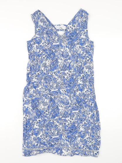 NEXT Womens Blue Geometric Linen Tank Dress Size 6 V-Neck Pullover