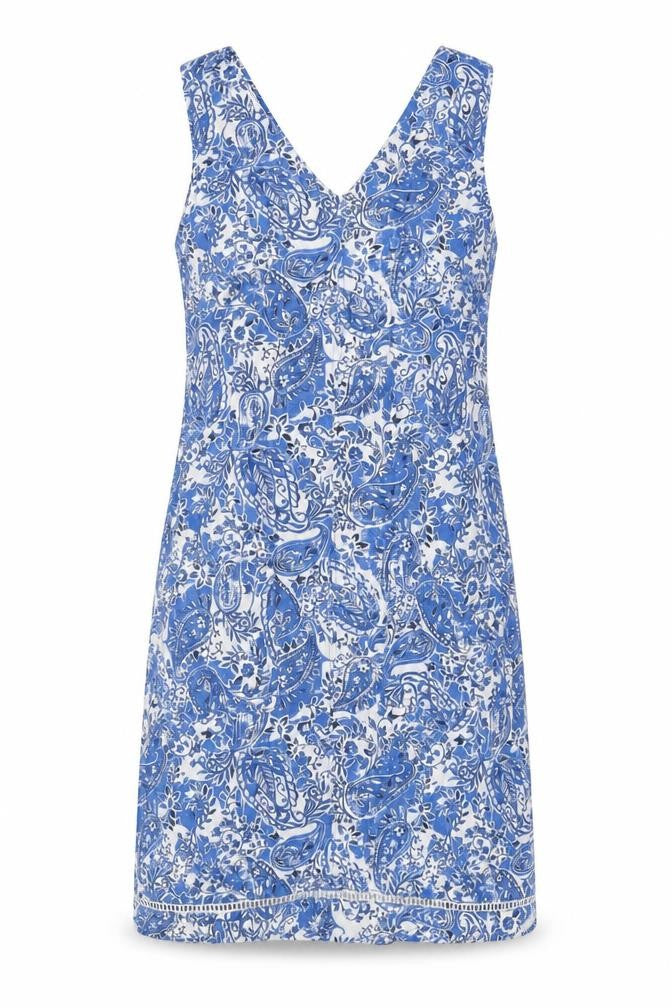Next Womens Blue Geometric Linen Tank Dress Size 6 V-Neck Pullover