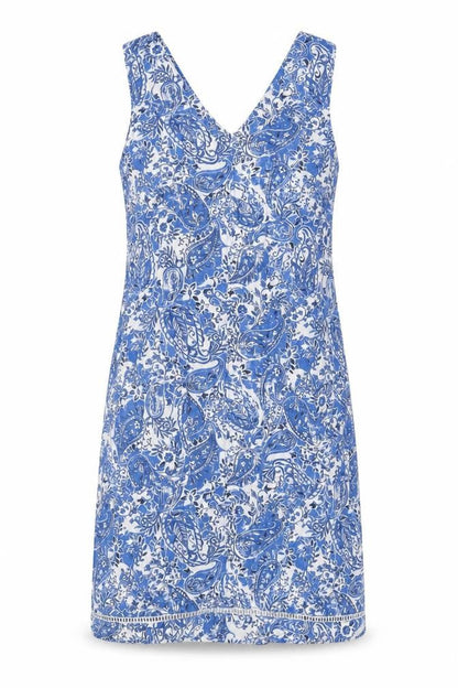 Next Womens Blue Geometric Linen Tank Dress Size 6 V-Neck Pullover