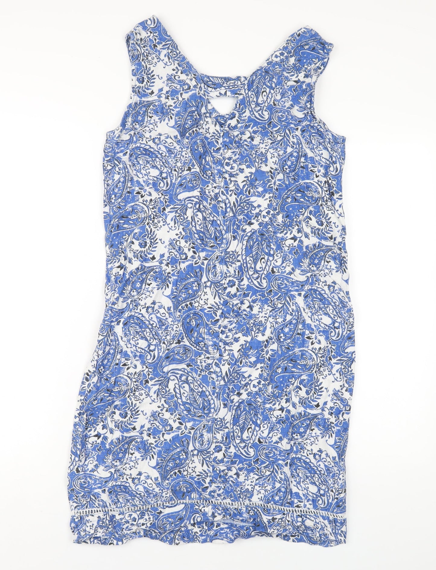 NEXT Womens Blue Geometric Linen Tank Dress Size 6 V-Neck Pullover