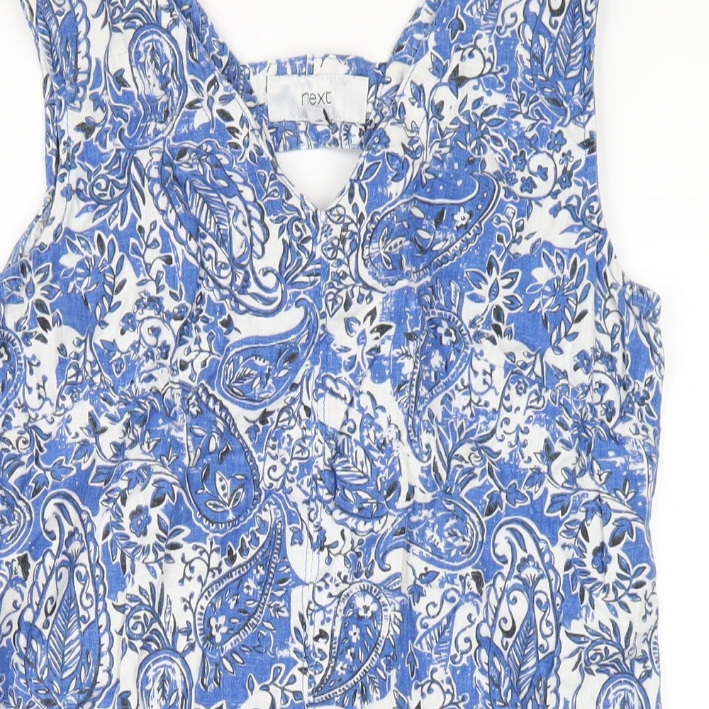 NEXT Womens Blue Geometric Linen Tank Dress Size 6 V-Neck Pullover