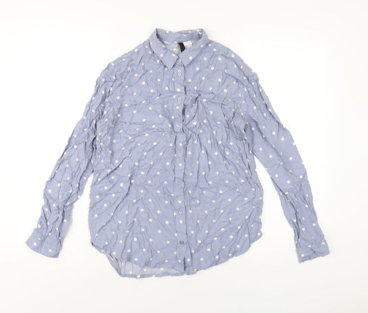 H&M Womens Blue Polka Dot Viscose Basic Button-Up Size 8 Collared