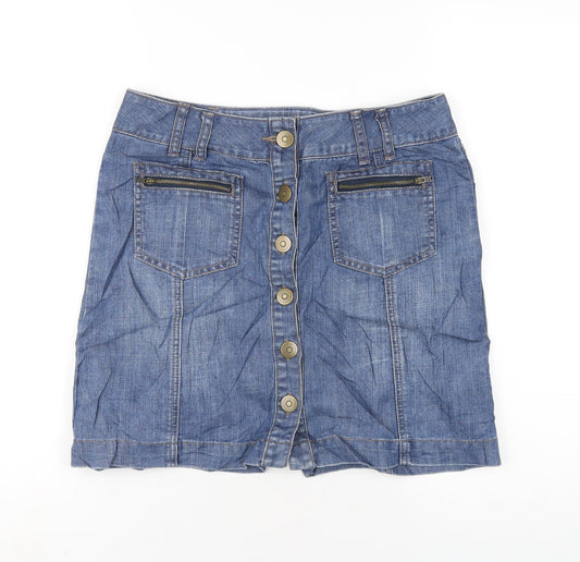Marks and Spencer Womens Blue Cotton A-Line Skirt Size 10 Button