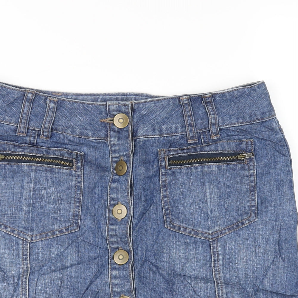 Marks and Spencer Womens Blue Cotton A-Line Skirt Size 10 Button