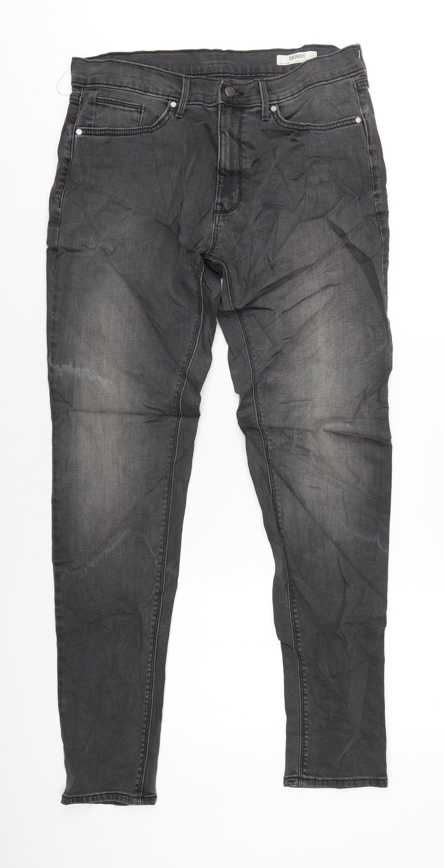 Marks and Spencer Mens Grey Cotton Skinny Jeans Size 34 in L33 in Regular Zip