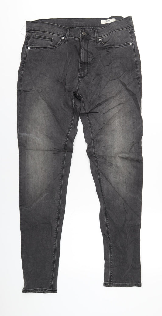 Marks and Spencer Mens Grey Cotton Skinny Jeans Size 34 in L33 in Regular Zip