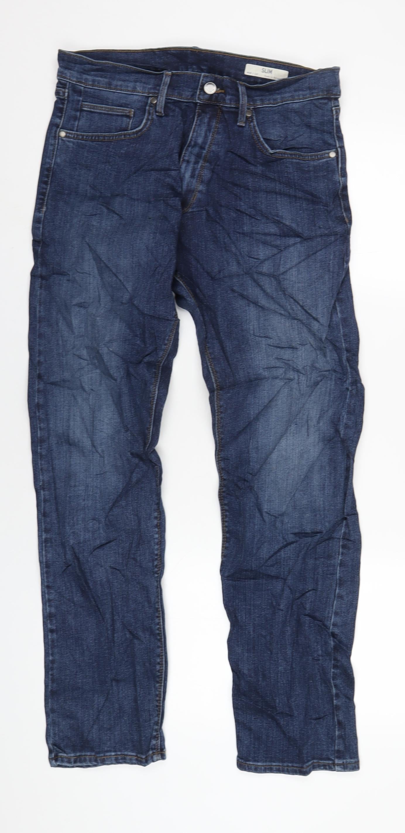 Marks and Spencer Mens Blue Cotton Straight Jeans Size 30 in L31 in Slim Zip