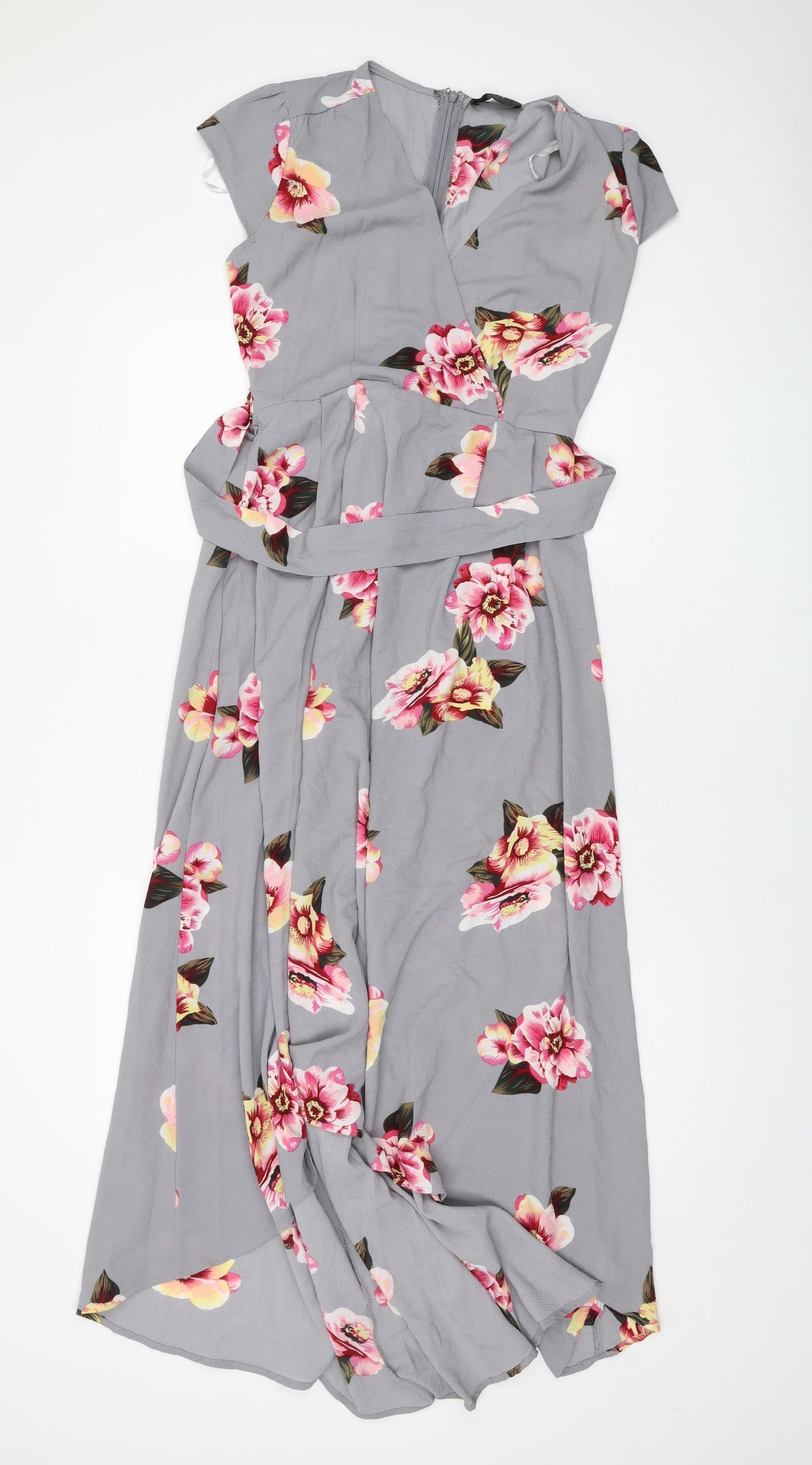 AX Paris Womens Grey Floral Polyester A-Line Size 8 V-Neck Zip