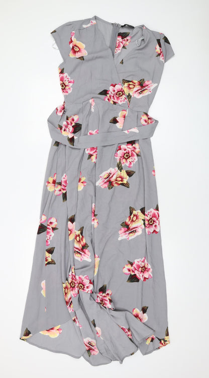 AX Paris Womens Grey Floral Polyester A-Line Size 8 V-Neck Zip