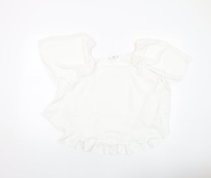 Mangoi Womens White Polyester Basic Blouse Size M Round Neck