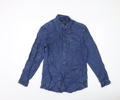 Marks & Spencer Mens Blue Cotton Button-Up Size S Collared Button