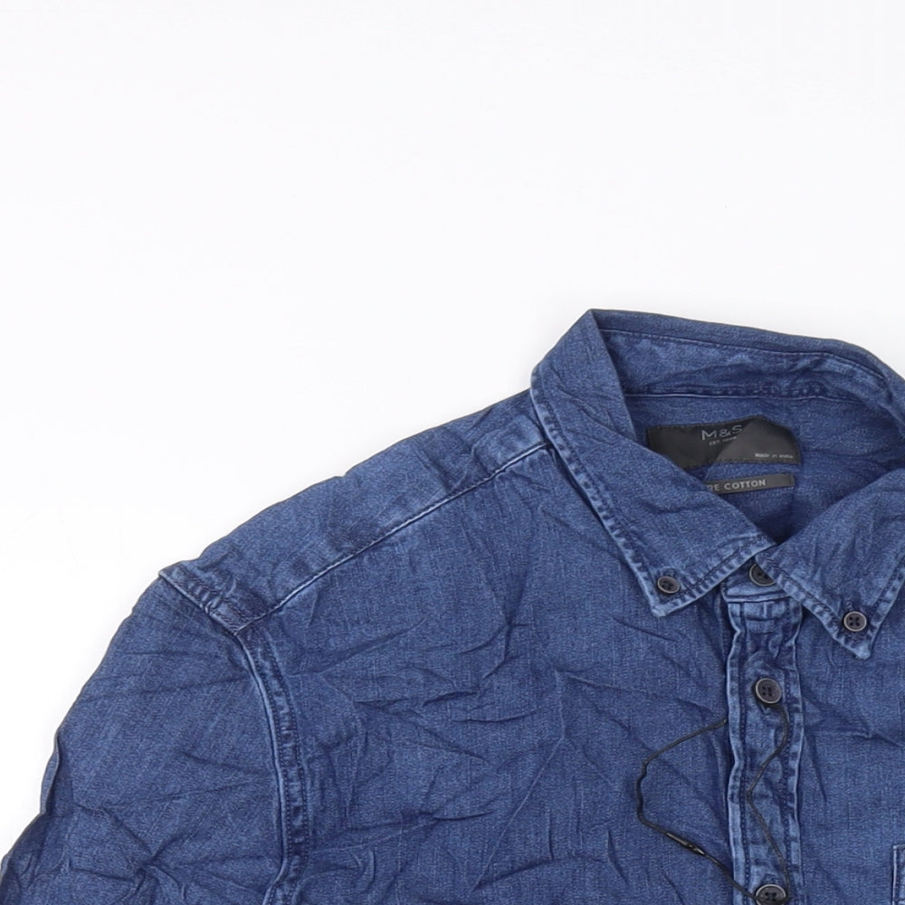 Marks & Spencer Mens Blue Cotton Button-Up Size S Collared Button