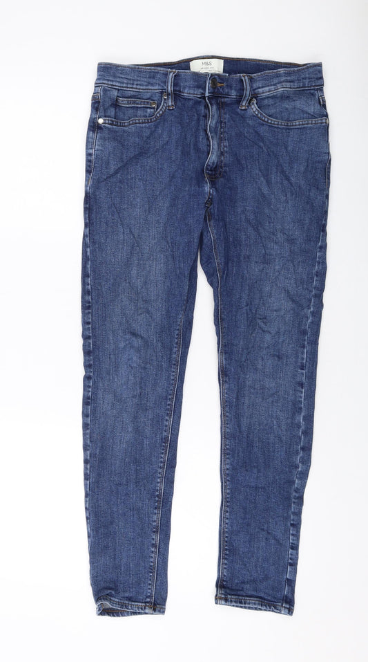 Marks and Spencer Mens Blue Cotton Skinny Jeans Size 30 in L29 in Regular Button