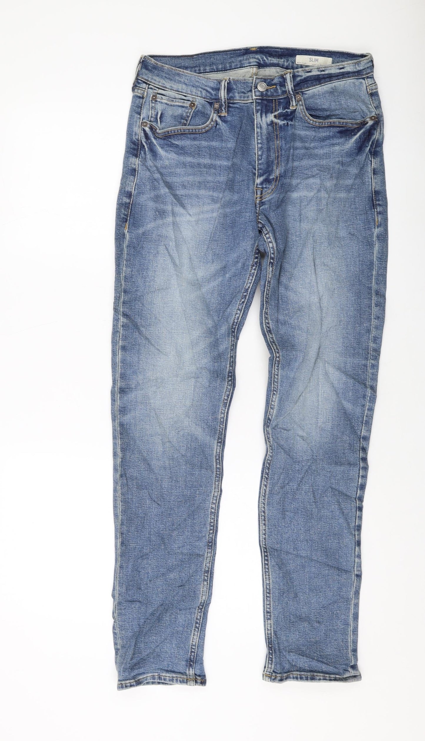 Marks and Spencer Mens Blue Cotton Straight Jeans Size 30 in L31 in Slim Button