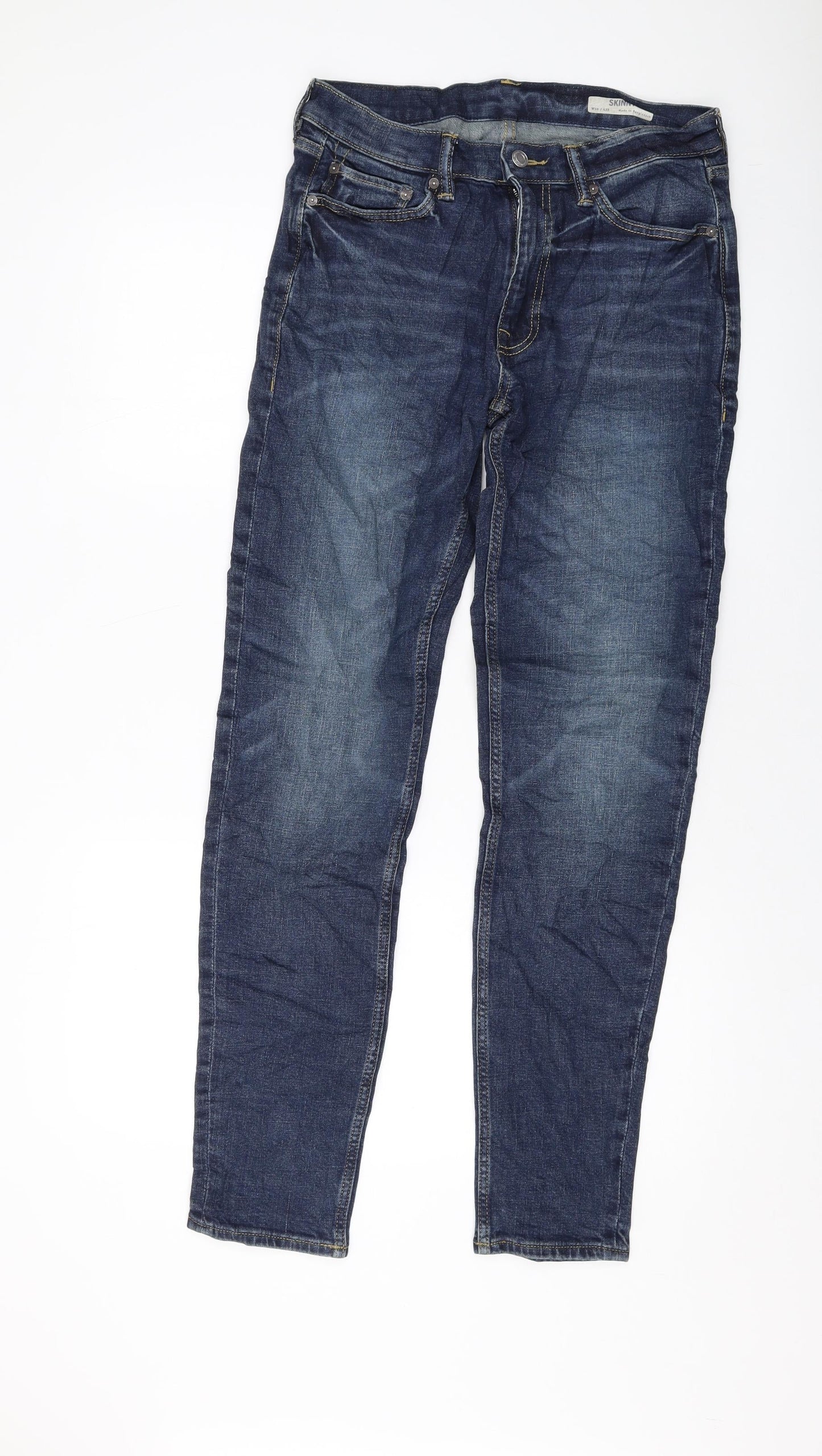 Marks and Spencer Mens Blue Cotton Skinny Jeans Size 30 in L33 in Regular Button