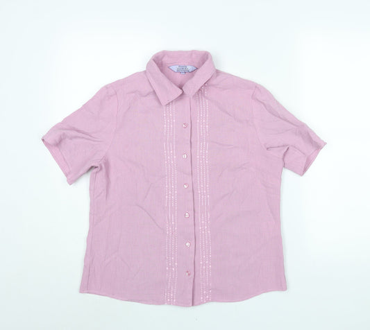 EWM Womens Pink Polyester Basic Blouse Size 12 Collared - Embroidered Detail