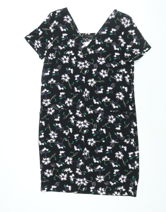 NEXT Womens Black Floral Polyester Sheath Size 10 V-Neck Pullover