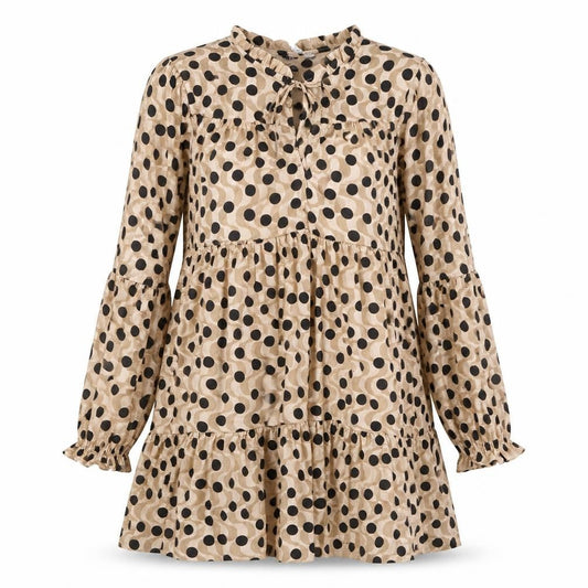 Stradivarius Womens Beige Polka Dot Polyester A-Line Size L Round Neck Tie - Smocked Keyhole Neck