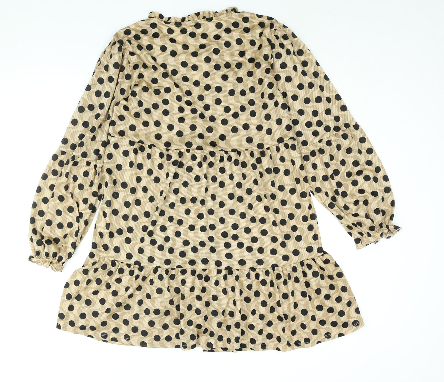 Stradivarius Womens Beige Polka Dot Polyester A-Line Size L Round Neck Tie - Smocked Keyhole Neck