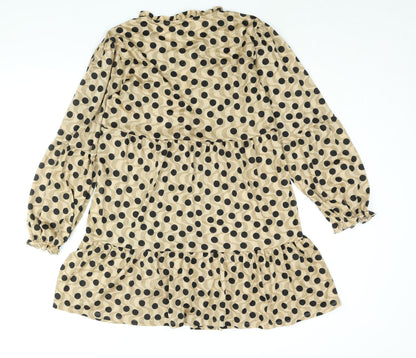Stradivarius Womens Beige Polka Dot Polyester A-Line Size L Round Neck Tie - Smocked Keyhole Neck