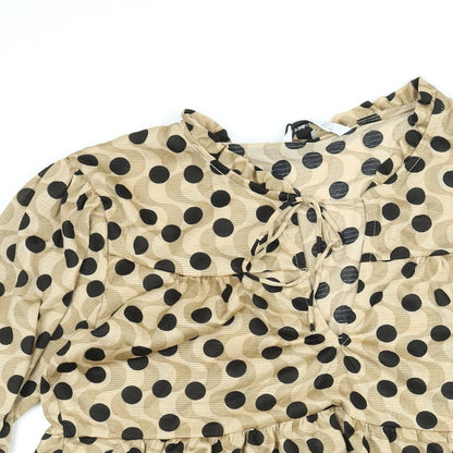 Stradivarius Womens Beige Polka Dot Polyester A-Line Size L Round Neck Tie - Smocked Keyhole Neck