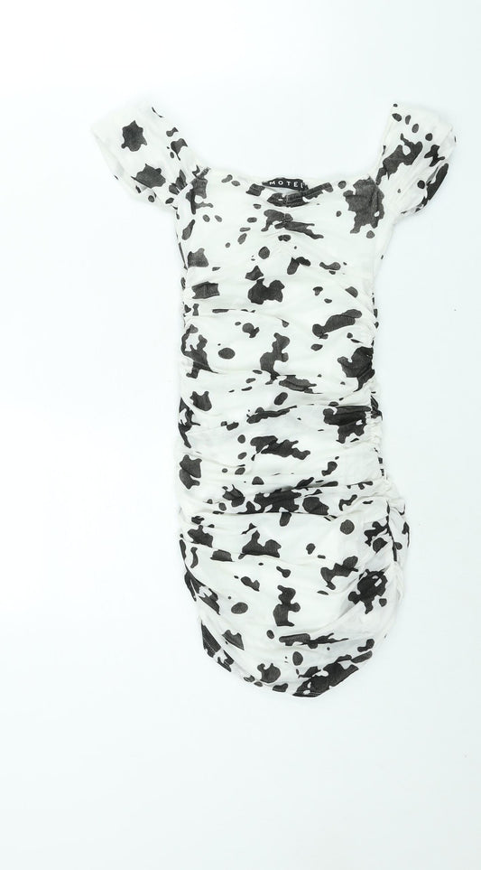 Motel Womens White Animal Print Polyester Mini Size XS Sweetheart Pullover - Rouched Cow Print