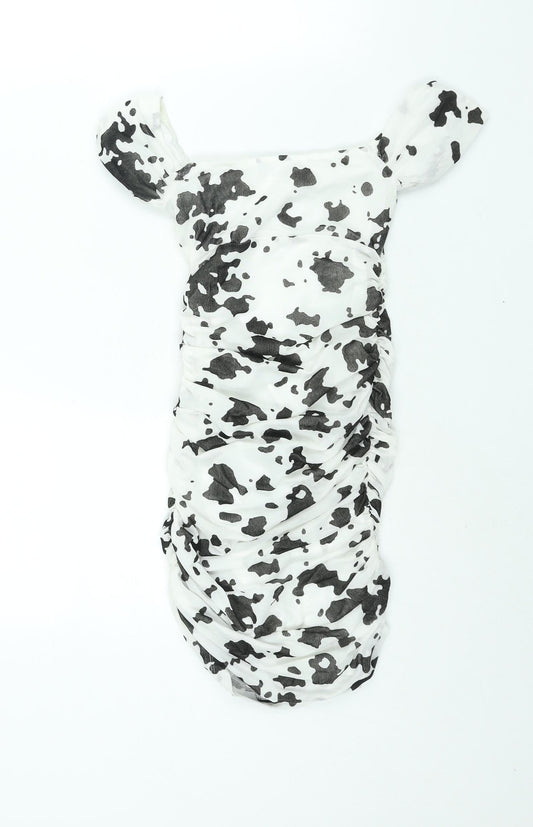 Motel Womens White Animal Print Polyester Mini Size XS Sweetheart Pullover - Rouched Cow Print