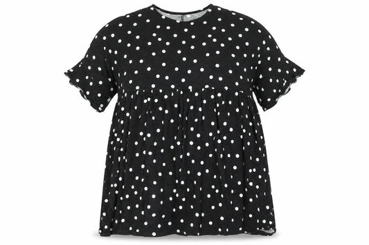 Front view of ASOS women’s black polka dot cotton shift, size UK 14, round neck pullover - smocked