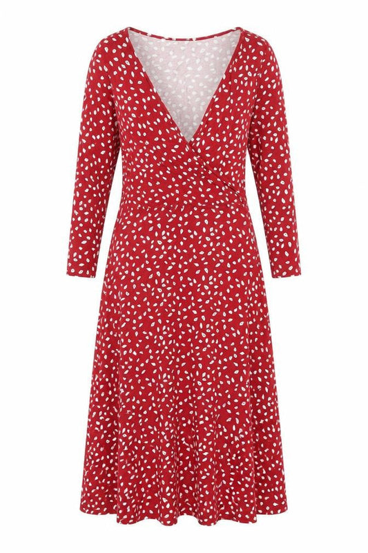 Front view of Principles women’s red geometric viscose a-line, size UK 14, v-neck pullover