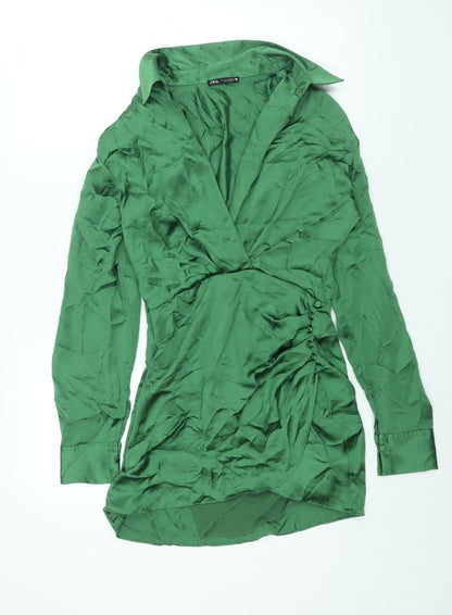 Zara Womens Green Polyester Shirt Dress Size S Collared Zip - Rouched Button