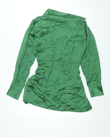 Zara Womens Green Polyester Shirt Dress Size S Collared Zip - Rouched Button
