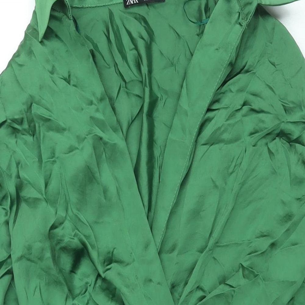 Zara Womens Green Polyester Shirt Dress Size S Collared Zip - Rouched Button