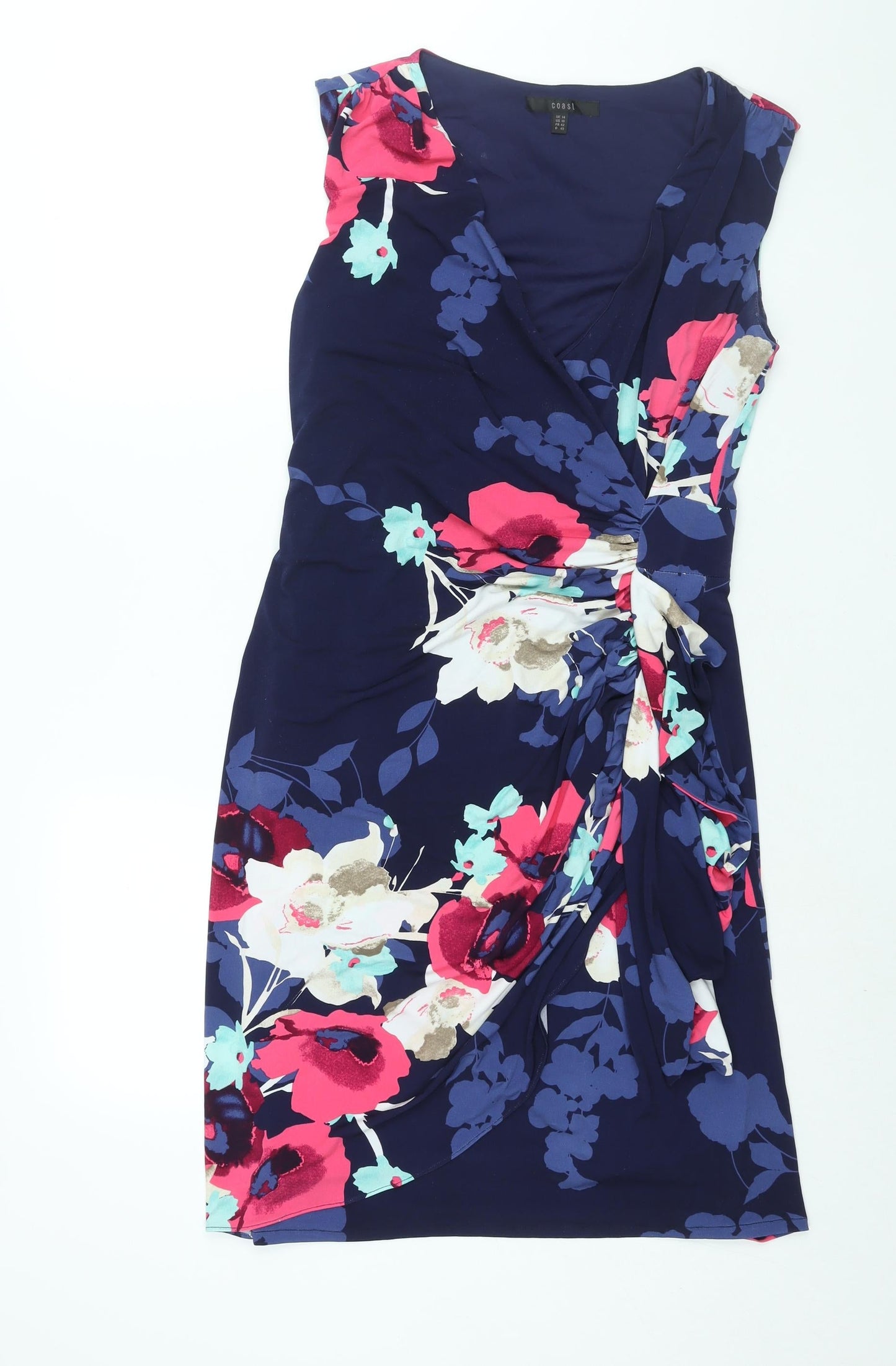 Coast Womens Blue Floral Polyester Shift Size 14 V-Neck Zip - Rouched