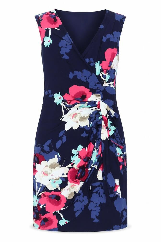 Coast Womens Blue Floral Polyester Shift Size 14 V-Neck Zip - Rouched