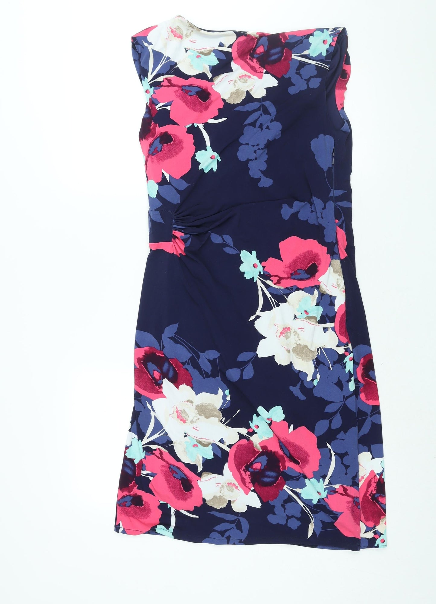 Coast Womens Blue Floral Polyester Shift Size 14 V-Neck Zip - Rouched