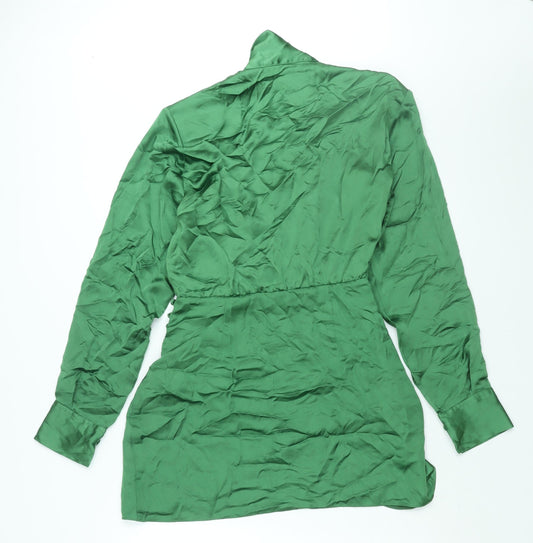 Zara Womens Green Polyester Shirt Dress Size S Collared Zip - Rouched Button
