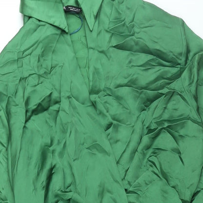 Zara Womens Green Polyester Shirt Dress Size S Collared Zip - Rouched Button