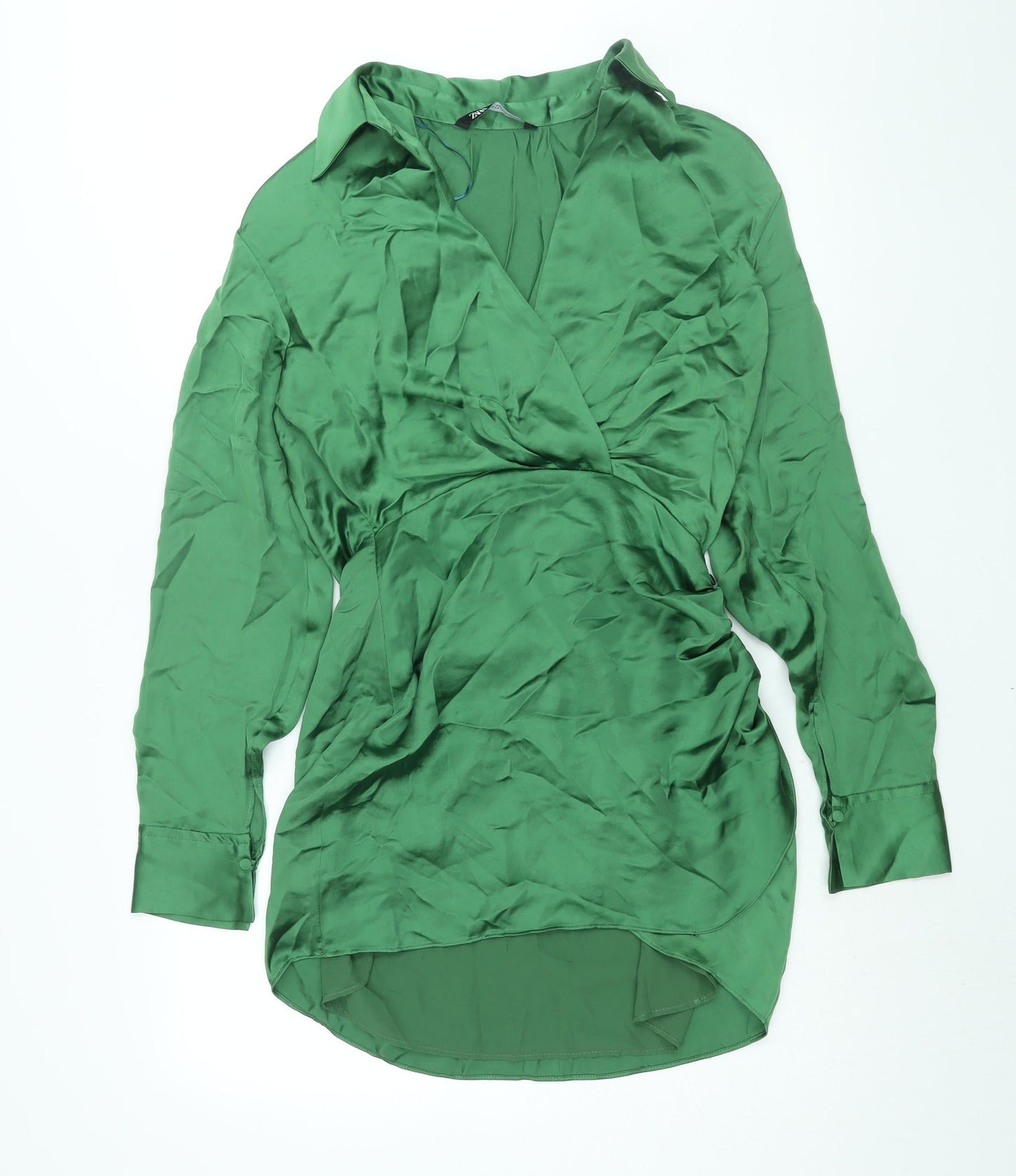 Zara Womens Green Polyester Shirt Dress Size S Collared Zip - Rouched Button