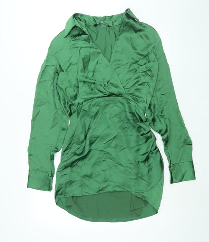 Zara Womens Green Polyester Shirt Dress Size S Collared Zip - Rouched Button