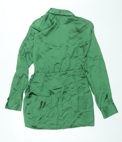 Zara Womens Green Polyester Shirt Dress Size S Collared Zip - Rouched Button